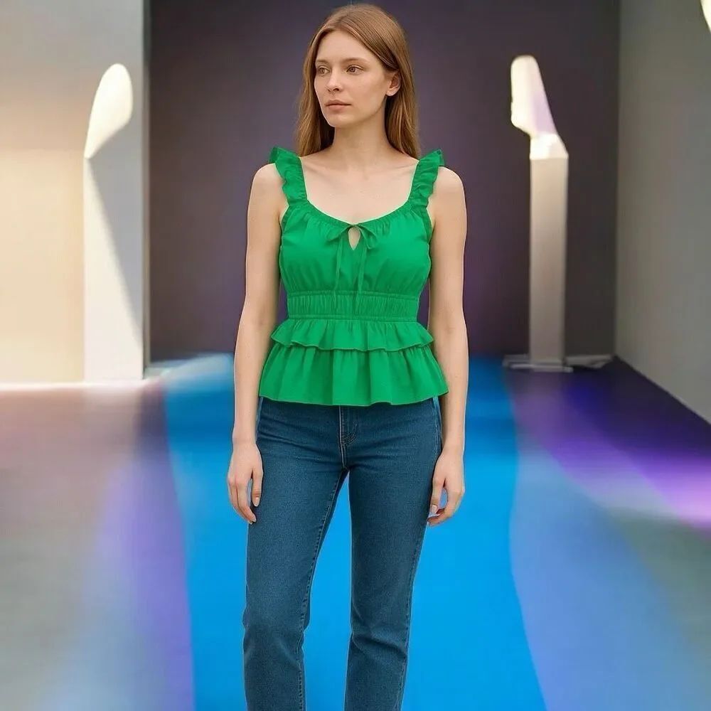 Skies are Blue Women’s L Ruffled Smocked Waist Tie Front Sleeveless Top Green NW